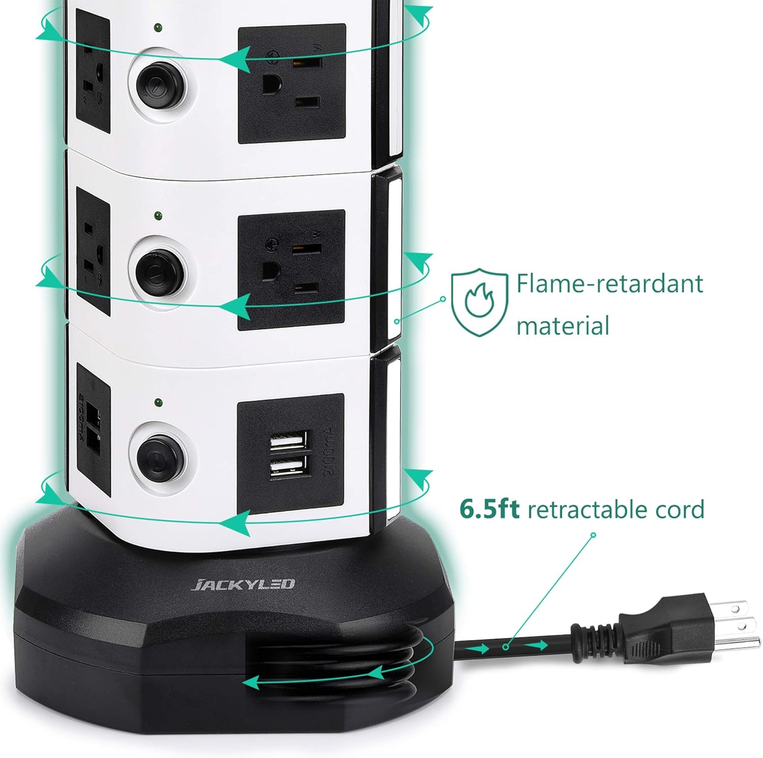 Power Strip Tower JACKYLED Surge Protector Electric Charging Station 3000W 13A 10 Outlets 4 USB Ports with 16AWG 6.5ft Heavy Duty Extension Cord for Home Office: Home Improvement