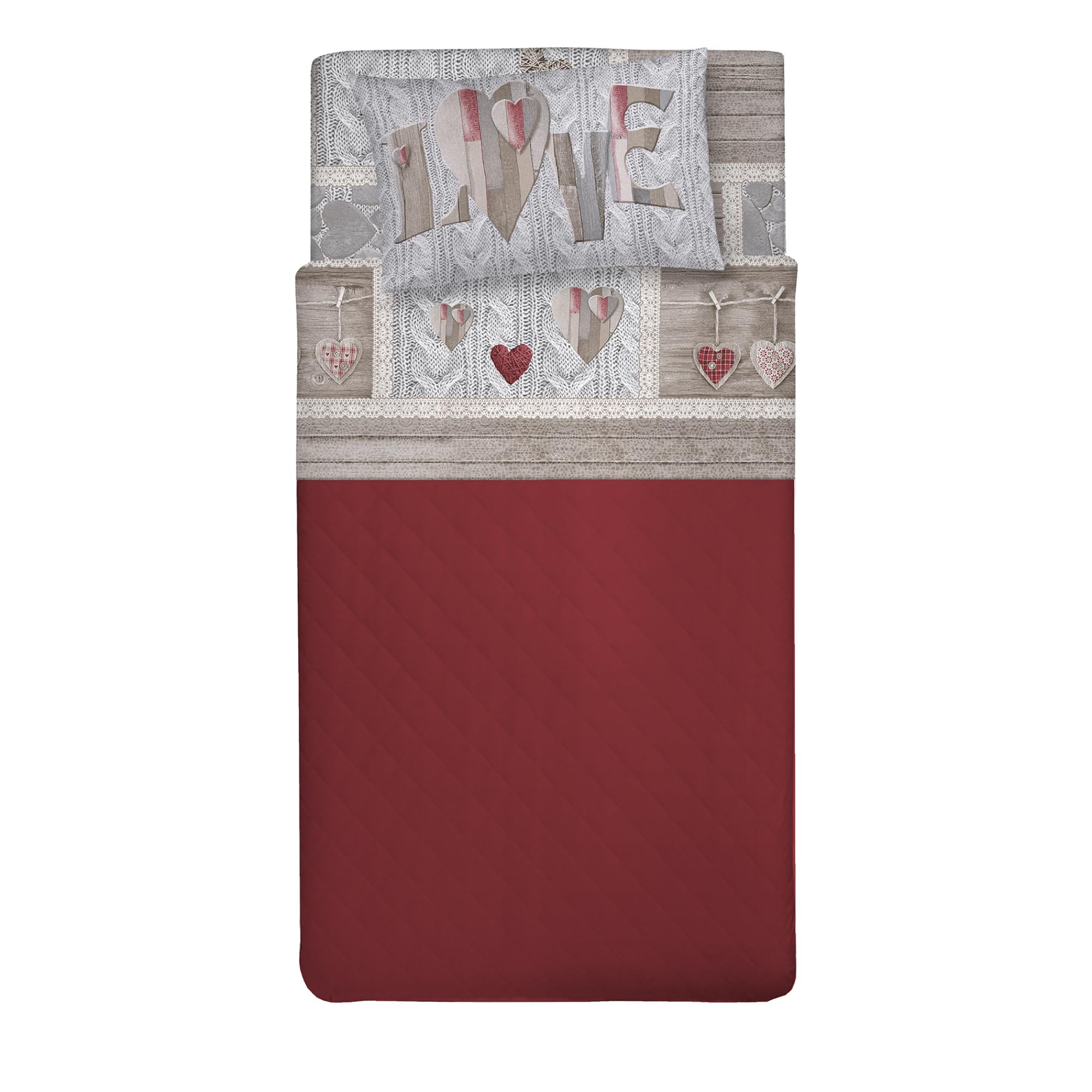 PENSIERI DELICATI Complete Bed Set, Cotton, Shabby in Love Red, King Single