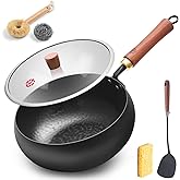 WANGYUANJI Carbon Steel Wok Pan with Lid (9.5 Inch) - Heavy-Gauge Flat Bottom Iron Stir Fry Pan for Induction - Deep Belly Skillet for Deep Frying - Uncoated & Unseasoned Cookware for 1-2 People