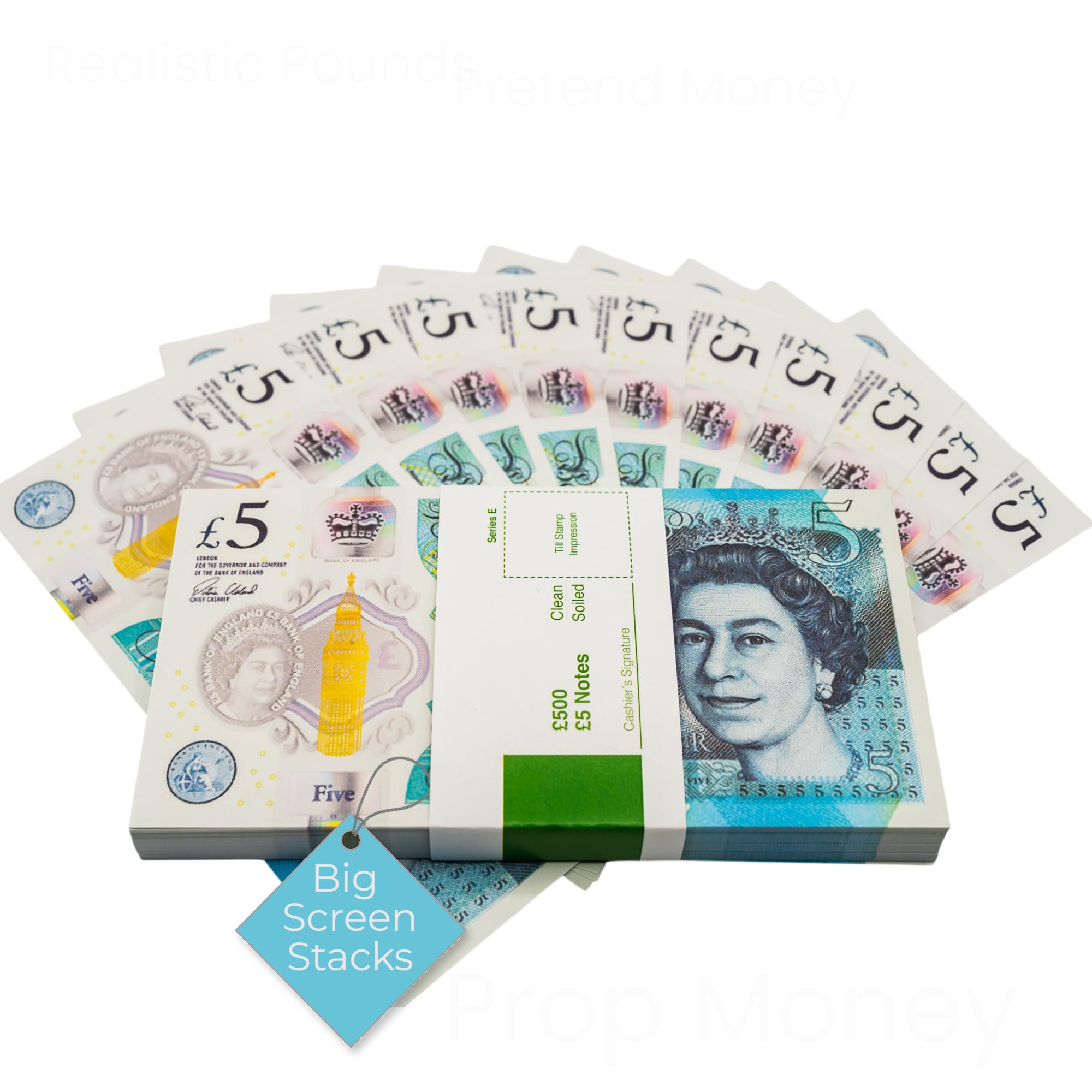 Big Screen Stacks | UK COMPANY | PROP MONEY REALISTIC UK POUNDS GBP BRITISH ENGLISH BANK 100 £5 PROP MONEY NOTES - Spare Bank Note Strap. For Movies Films Advertising Social Media Play Fake Party (5)