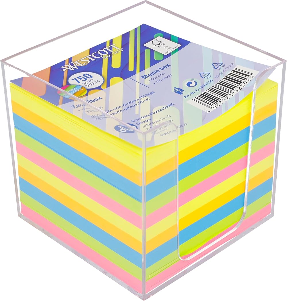 Westcott Note Block Colourful 750 Sheets 9x9 cm in Box 5 Colours FSC