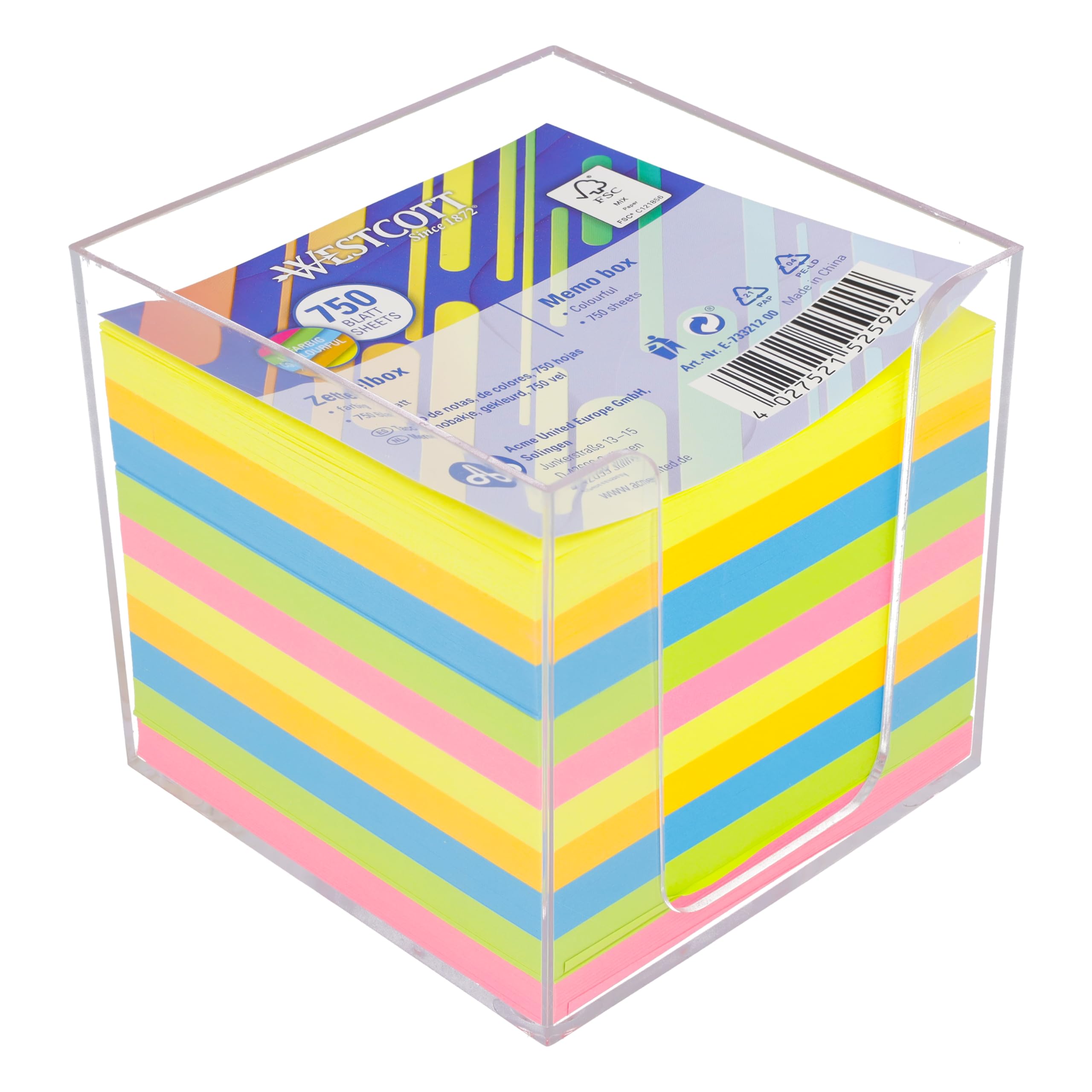Westcott Note Block Colourful 750 Sheets in Note Box | memo Block with 9 x 9 cm Sheets in 5 Colours | Sturdy Box Made of Transparent Plastic | FSC-Certified Paper 75g/m² | E-733212 00