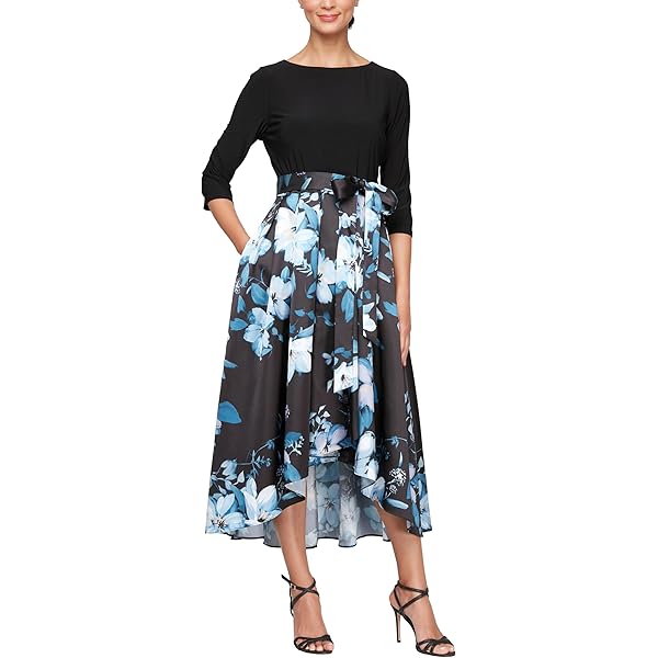 S.L. Fashions Women's Short Sleeve Casual Dress, Wedding Guest Gown with  Surplice Neck, High-Low Hem and Tie Belt, Black Multi, 6 at Amazon Women's  Clothing store