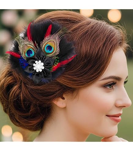 9758 1920s Peacock Feather Hair Clip Black Fascinatir Flapper Gatsby Peacock Feather Gatsby Fascinator - Masquerade Store main image 3
