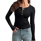REORIA Women's Henley Long Sleeve T Shirts Button Ribbed Knit Slim Scoop Neck 2025 Fall Fashion Basic Tops