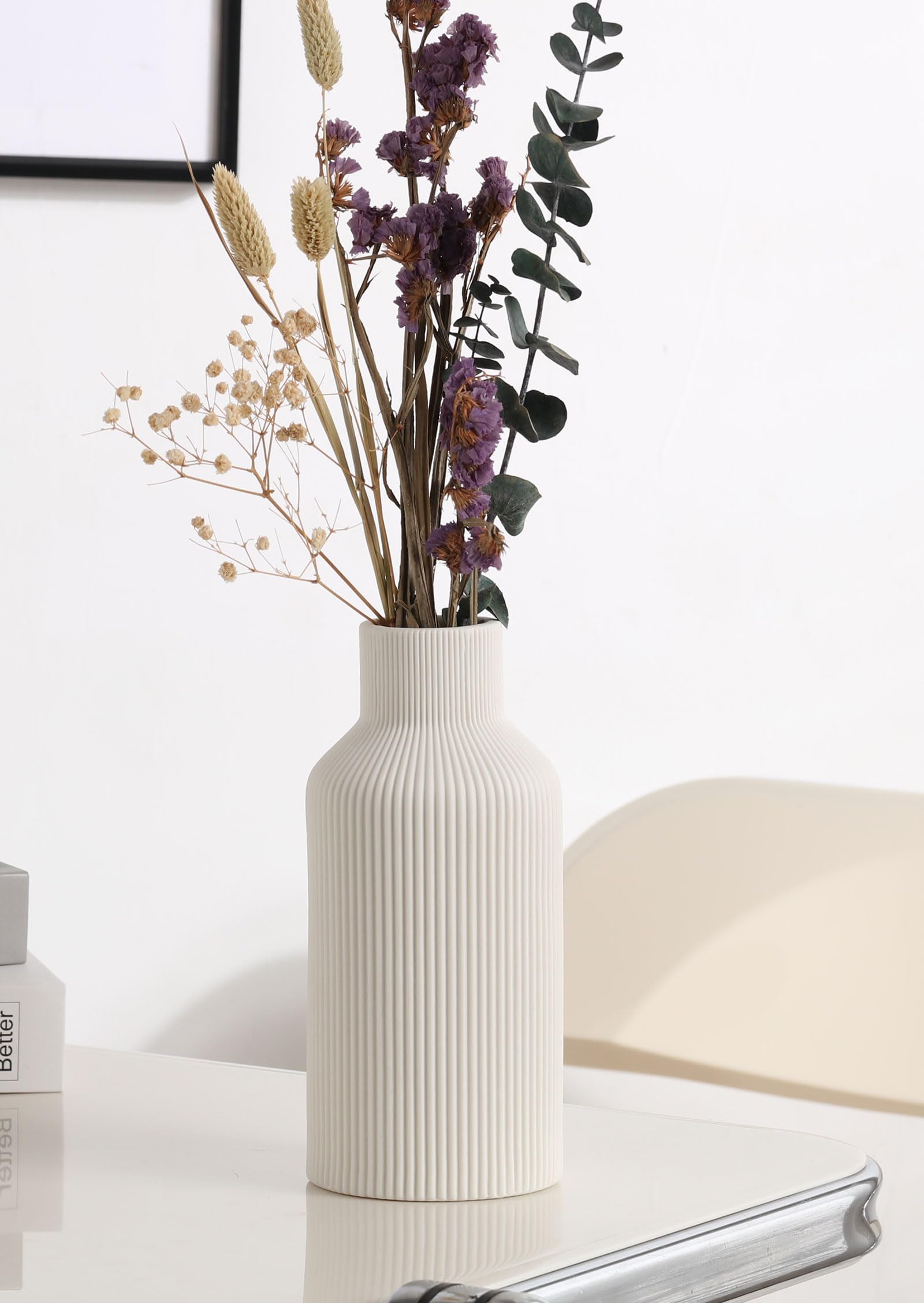 White Ceramic Flower Vase, Minimalist Modern Home Decor, Small Pampas Grass Vases for Table, Shelf Bookshelf, Mantel, Entryway and Centerpieces (8 in) - Image 4
