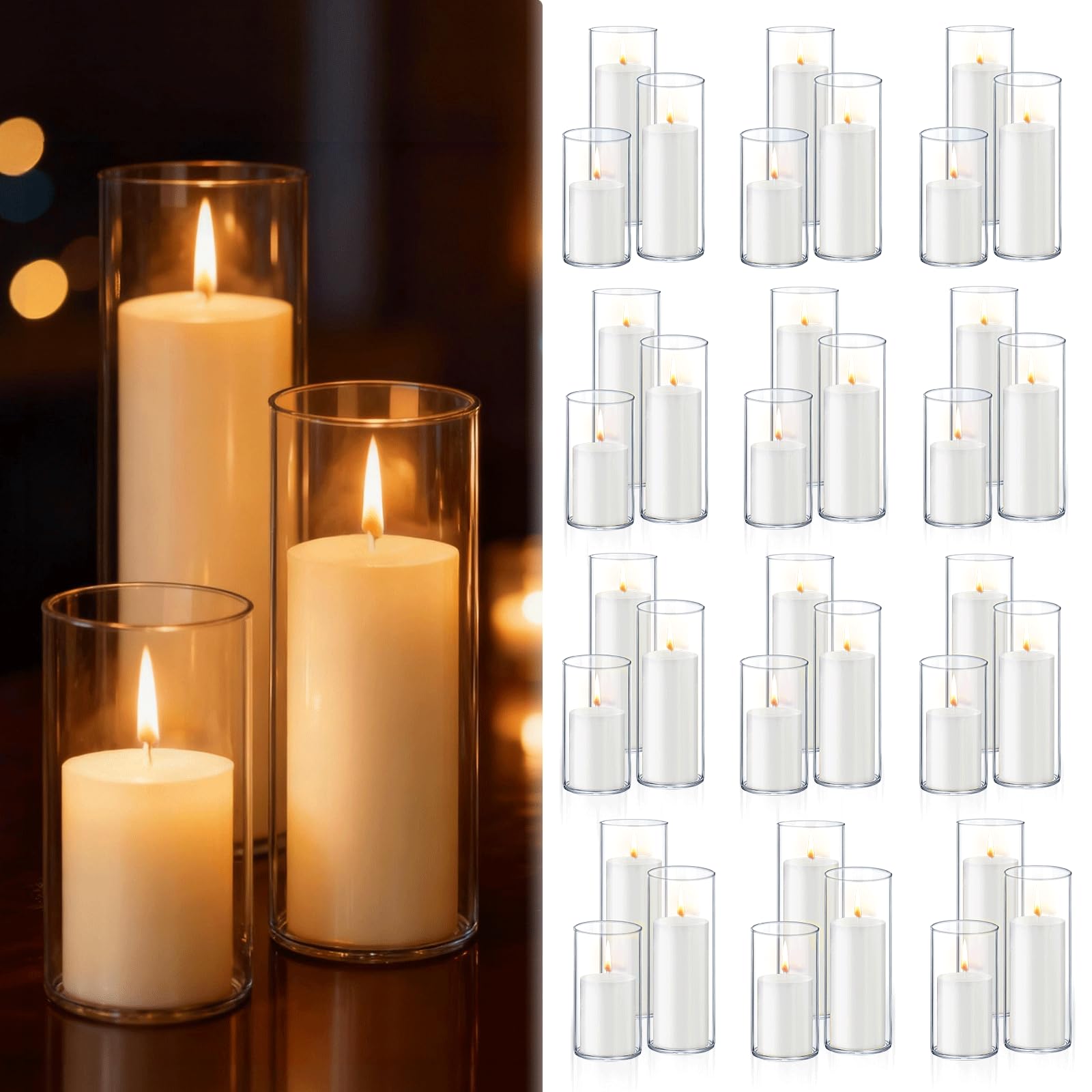 Photo 1 of ***PARTIAL SET*** ***READ CLERK NOTES*** 72 PCS White Pillar Candles with Glass Candle Holders Clear Hurricane Candle Holders Glass Cylinder Vases for Centerpieces Wedding Party, Event, Home Office (36 Candles+36 Candle Hoders)
