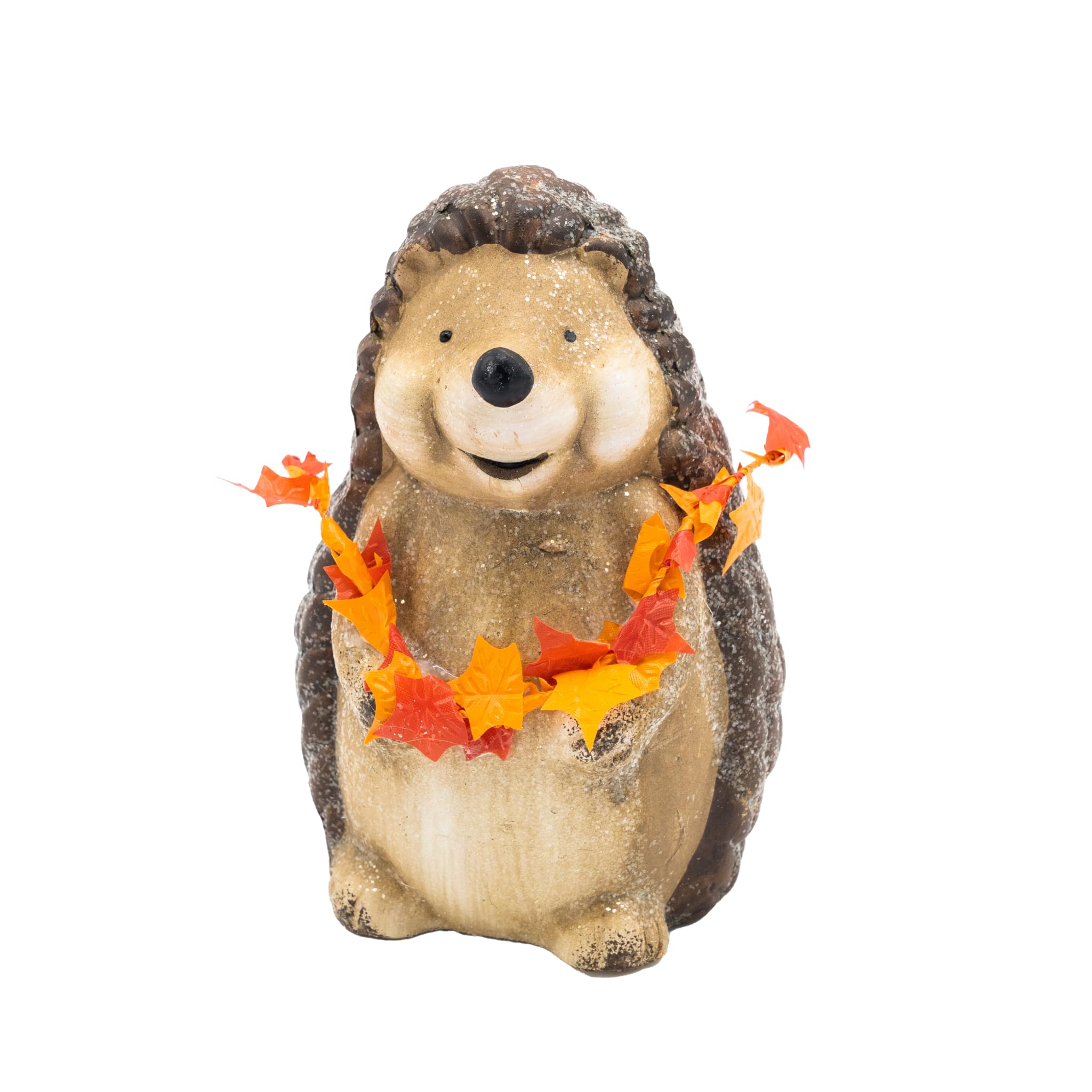 HEITMANN DECO - Ceramic Hedgehog Figurine with Maple Leaf Garland, Brown/Orange, Approx. 15 cm