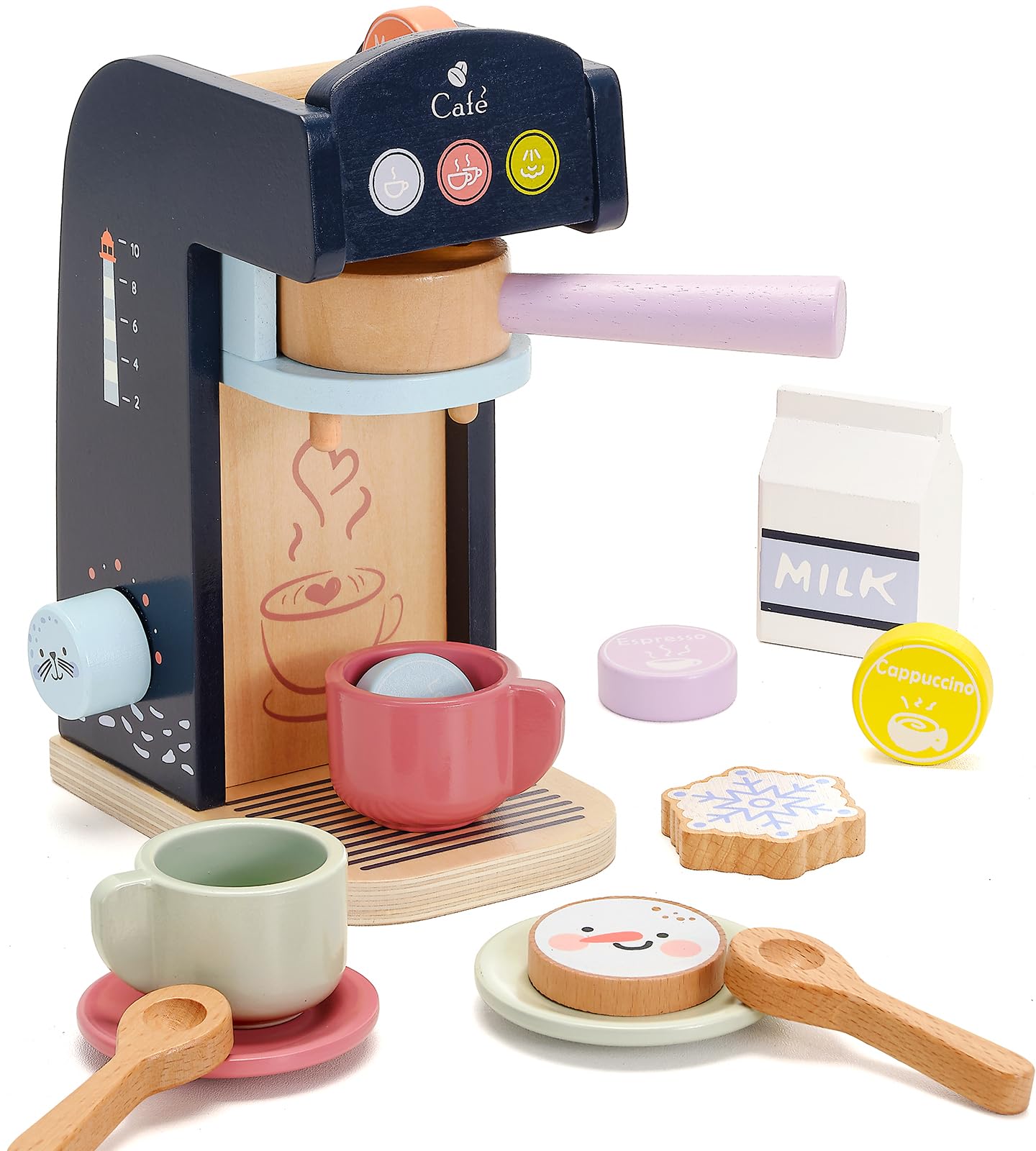 PairPear Wooden Coffee Maker Toy Kids Pretend Play Coffee Machine Set with Play Food Accessories, Role Play Kitchen for Toddlers Gifts for Boys and Girls