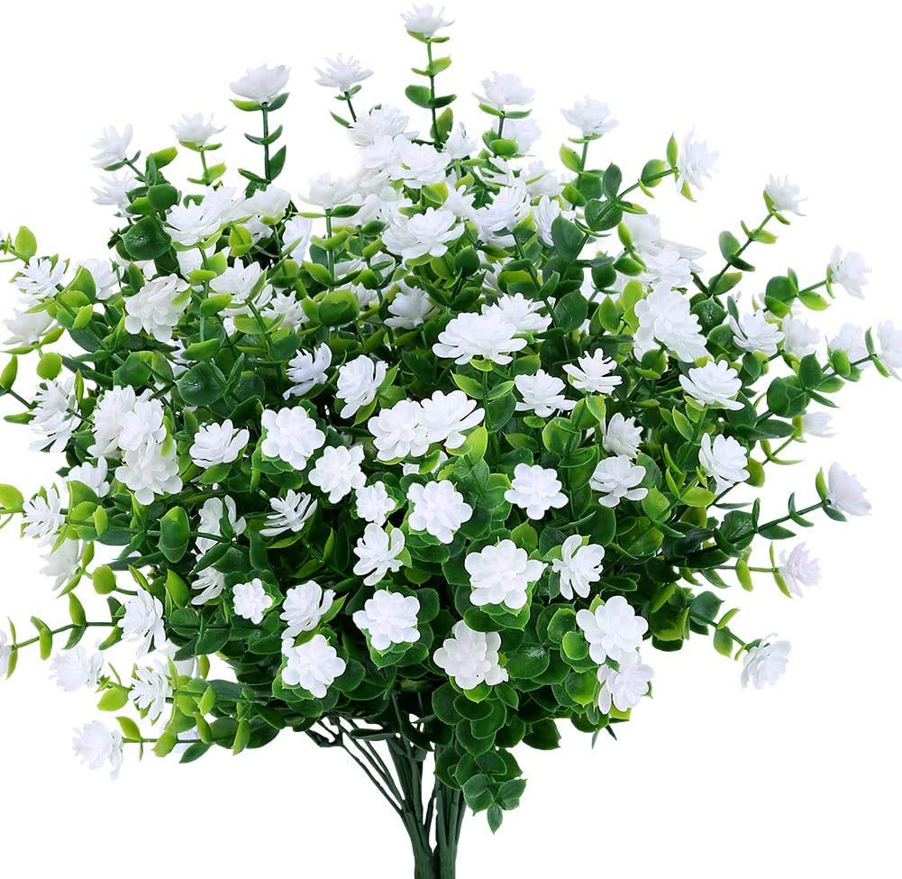 Ruiuzioong Artificial Fake Flowers, 4Pack Outdoor UV Resistant Greenery Shrubs Plants Indoor Outside Hanging Planter Home Garden Décor (White) — image 1