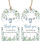 Serencatcher Baby Shower Thank You Tags Boy, 50pcs Greenery Blue Boy Clothes Thank You Tags with String Thank You for Showering Our Baby with Love Gift Tags for Baby Shower Party Favors