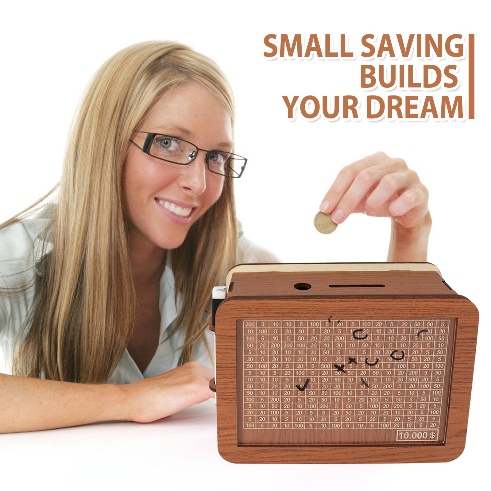 Cash Vault Wooden Savings Box,10000 Savings Challenge Box, Money Saver Box 10k Smash,Wooden Cash Savings Box with Money Target and Numbers (10000 Dollar)