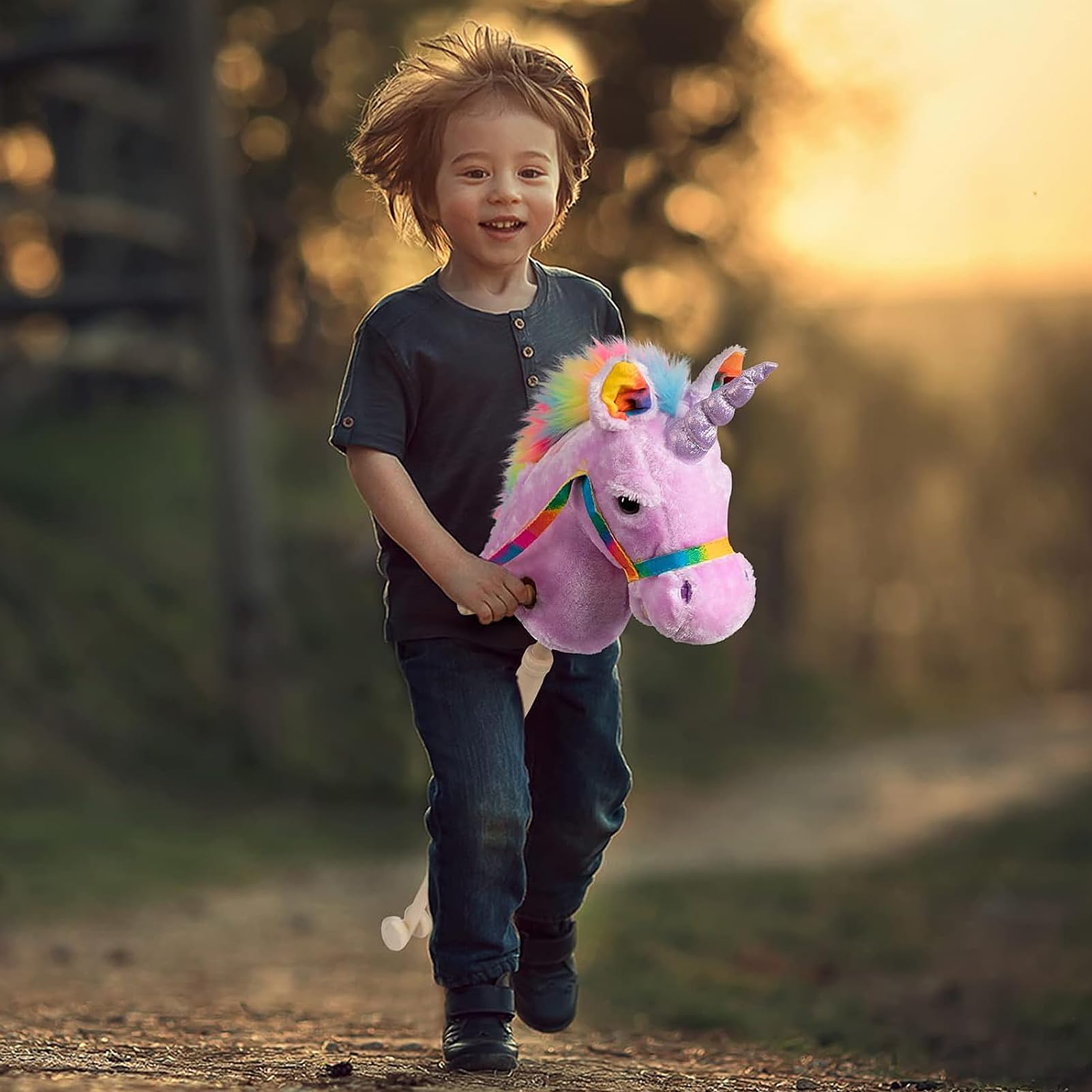 HollyHOME Unicorn Stick Horse Handcrafted Hobby Horse on a Stick with Wood Wheels Real Pony Neighing and Galloping Sounds Plush Unicorn Toy Purple 36 Inches(AA Batteries Required)