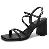 LOOPCHARM Women's Strappy Chunky Block Heels Square Open Toe Sandals | 3 Inch Adjustable Ankle Buckle Strap Heeled Sandals, Dressy Shoes for Bridal Guest Wedding Prom Party