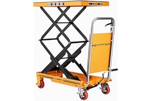 CAMMOO Hydraulic Lift Table Cart, 330lbs Capacity 49.6" Lifting Height, Double Scissor Lift Table with Non-Slip Pad & Safety Guard for Material Handling & Transportation, Yellow