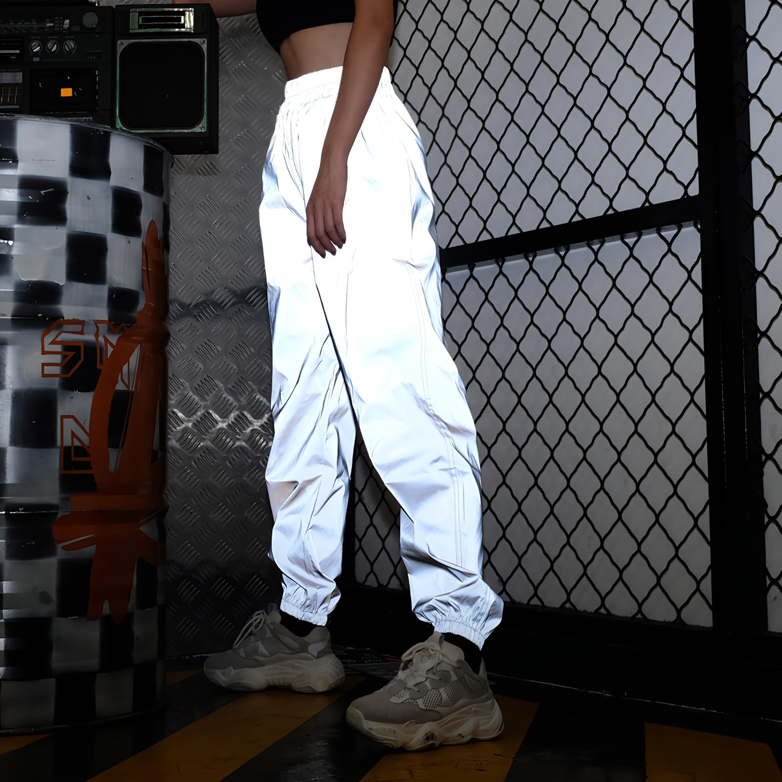 Reflective Pants Women Brand Hip Hop Dance Fluorescent Trousers Casual Harajuku Night Sporting Jogger Pants Gray