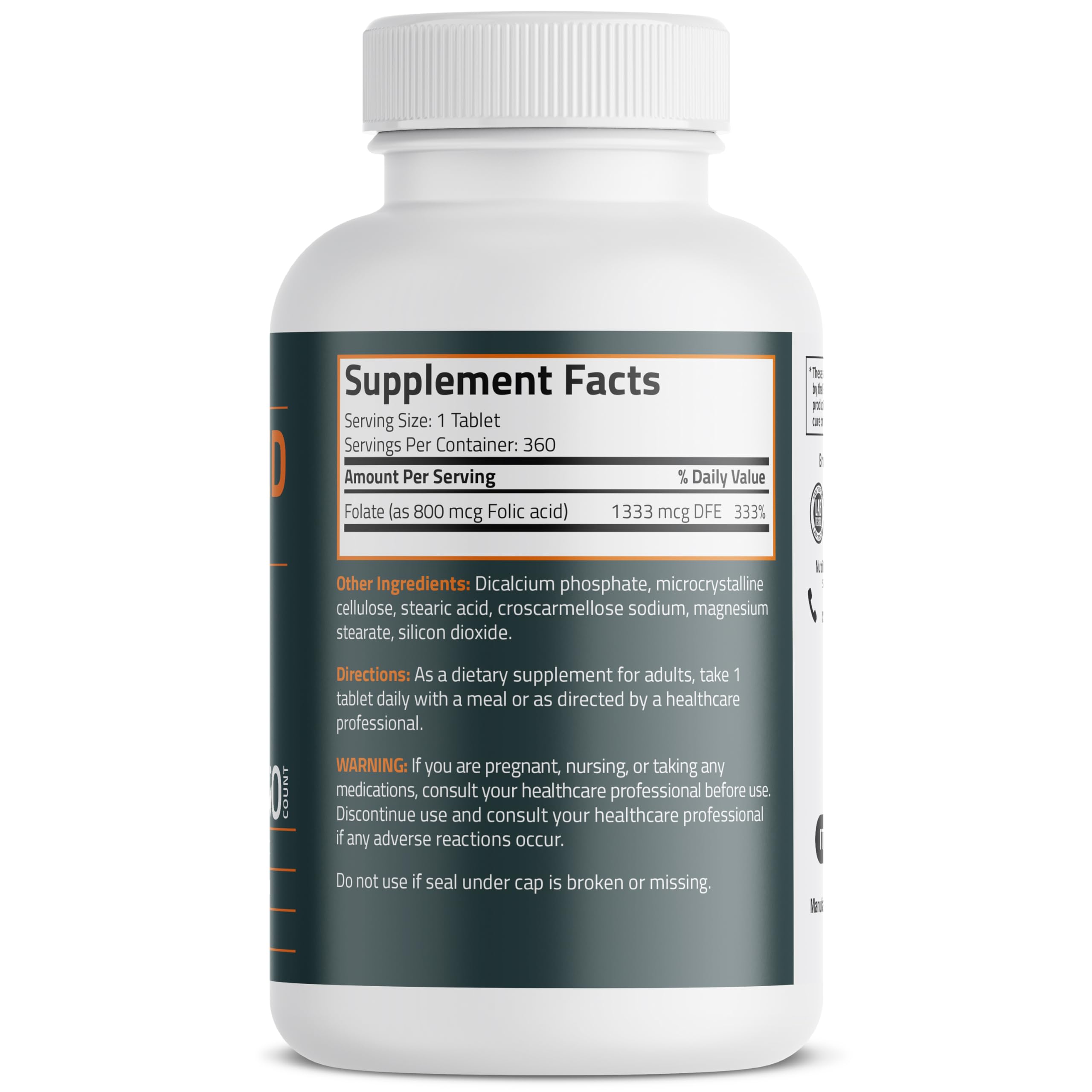Bronson Folic Acid 800 MCG Supports Prenatal Development, 1 Year Supply, Non-GMO, 360 Tablets