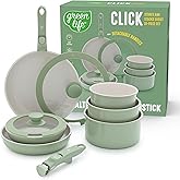 GreenLife 10 Piece Nonstick Pots & Pans Set, Detachable Handle & Stackable Cookware Set, Non Toxic PFAS-Free Skillets, Induction Kitchen Pans, Space Saving, Serving Bowls, Oven Safe, Sage Green