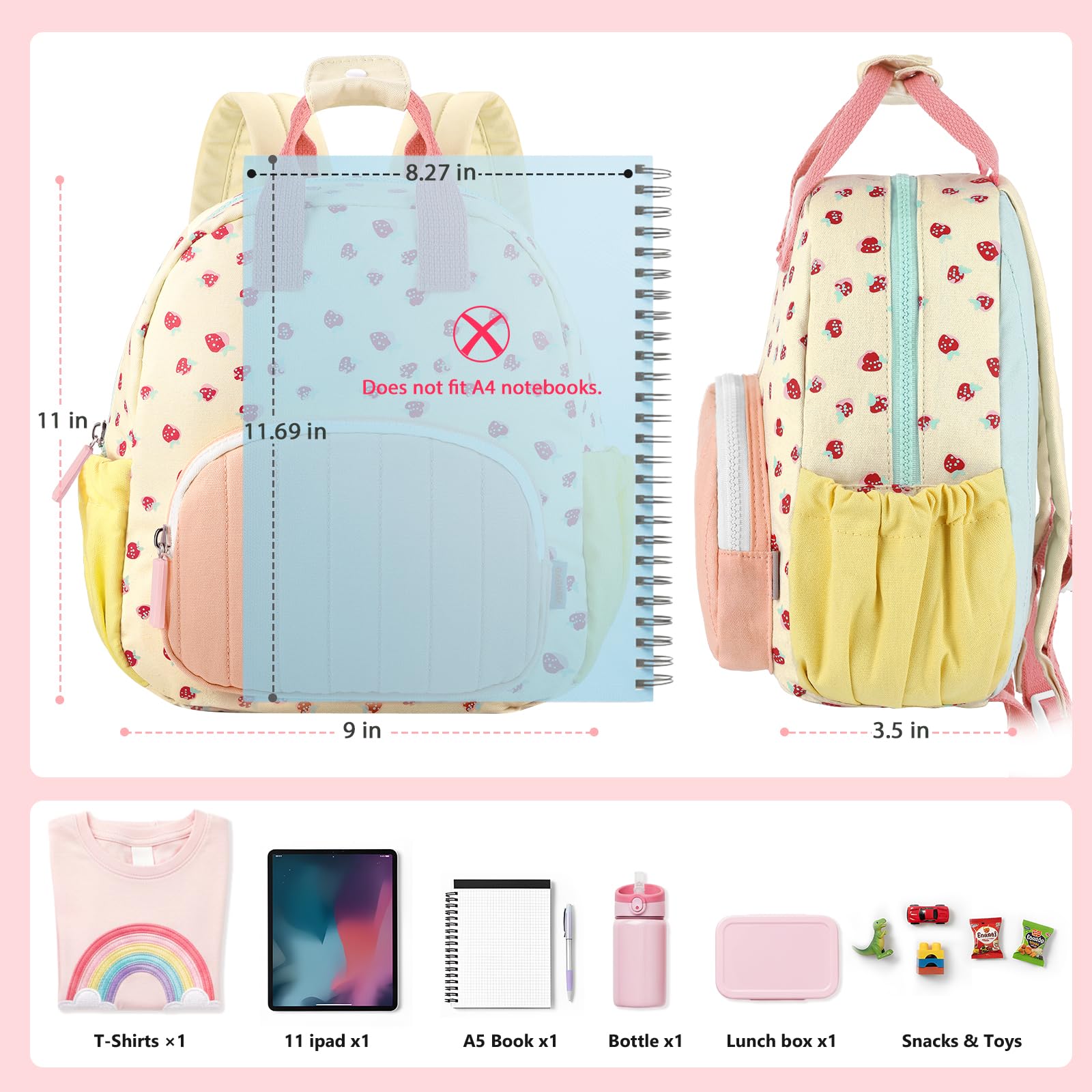 GAGAKU Kinderrucksack Mädchen 30cm Rucksack Kleinkind Kinderrucksack für 2-4 Jahre Kinder kindergartenrucksack Mini Tagesrucksack Reisetasche - Rosa Erdbeere 3