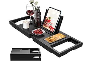 YOUPEHOM Premium Bathtub Caddy Tray,Expandable Bamboo Bath Tray for Tub,Foldable Minimalist Bathroom Accessories with Book Stand for Home Spa Relaxing,Unique House Warming Gifts,Black
