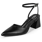 QIY Closed Toe Heels for Women Ankle Strap Pointed Toe Slingback Chunky Low Heels Womens Pumps Wedding Dress Shoes