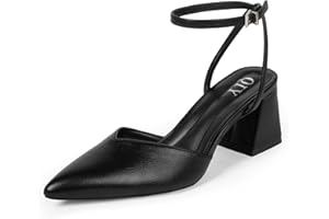 QIY Closed Toe Heels for Women Ankle Strap Pointed Toe Slingback Chunky Low Heels Womens Pumps Wedding Dress Shoes