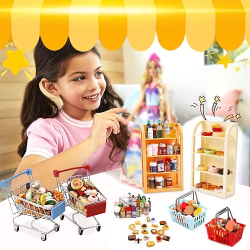 136 pcs Mini Shopping Cart Basket Miniature Food Drink Bottle