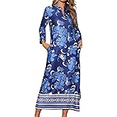 Seta T Women's Boho Long Dresses V Neck 3/4 Sleeve Side Slit Floral Flowy Beach Maxi Dress with Pockets