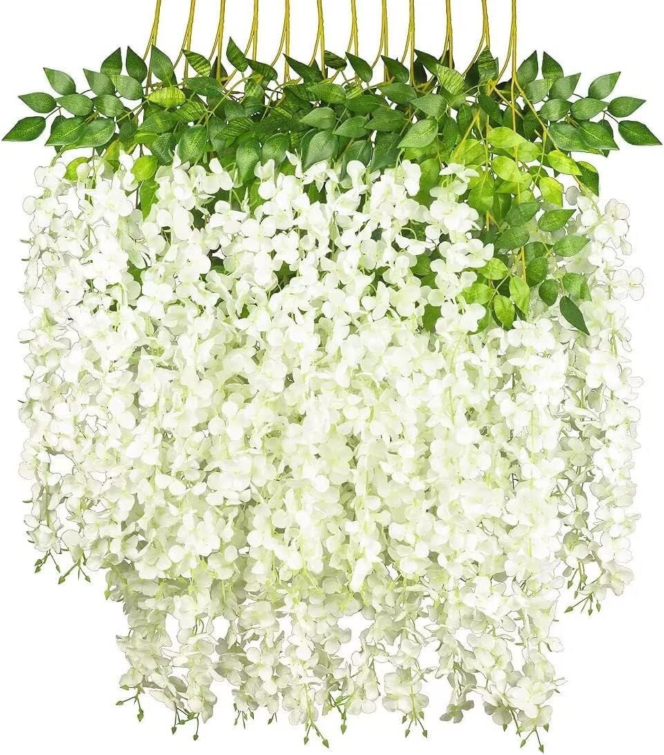 Tifuly 12 Pcs Artificial Wisteria Vines, 3.6 FT Fake Wisterias with 3 Branches, Long Wall Garland Silk Hanging Flower for Home Party Wedding Ceiling Decoration(12Pcs,Off-White)