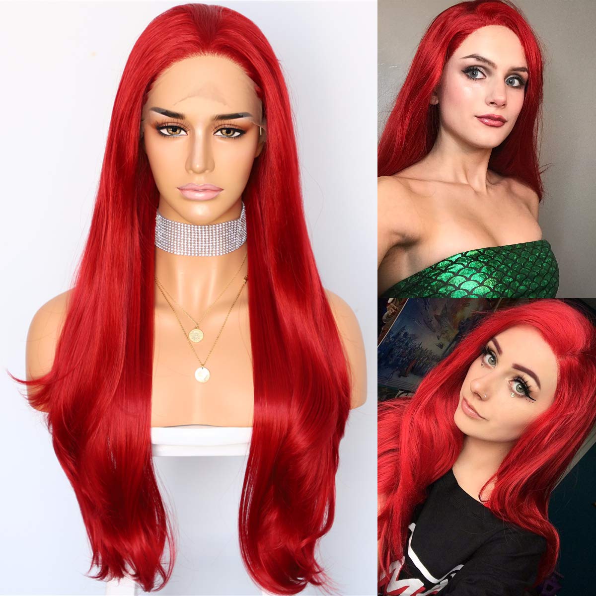 Sapphirewigs Red Color Silk Natrual Wave Type Heat Resistant Hair Cosplay Women Masquerade Party Camgirl Women Daily Makeup Synthetic Lace Front Wigs