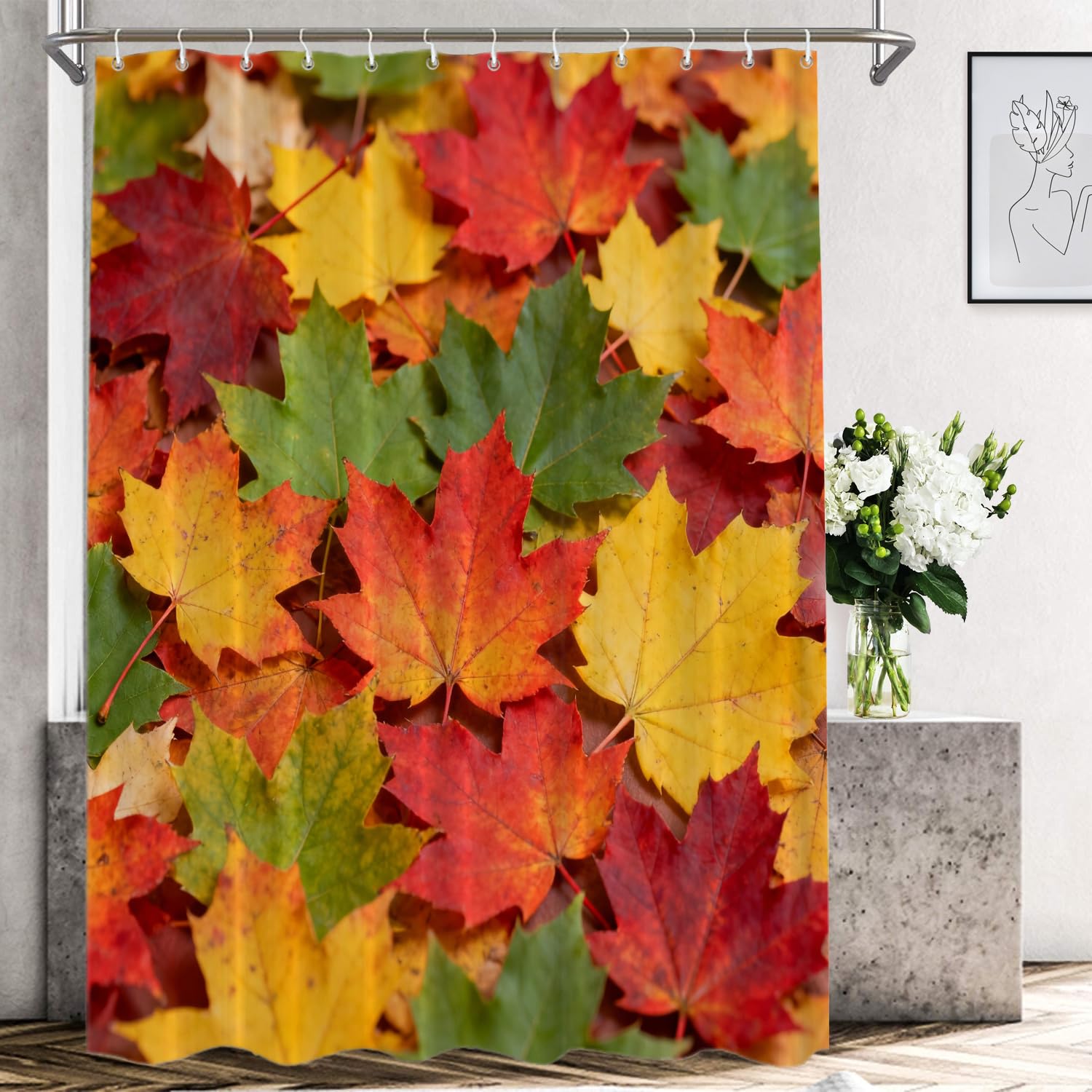 Shrahala Yellow Red Orange Autumn Decorative Shower Curtain, Brown Fall Colored Autumn Leaves Pattern Foliage Orange Shower Curtain for Bathroom Waterproof Shower Curtain with Grommets 72x72 Inch