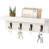 Key Holder Wall Mount, Farmhouse Wall Shelf with 4 Hooks for Entryway | 9inch Wooden Key Rack, Decorative Key and Mail Holder with Small Display Shelf, Ideal Home Organizer (White)