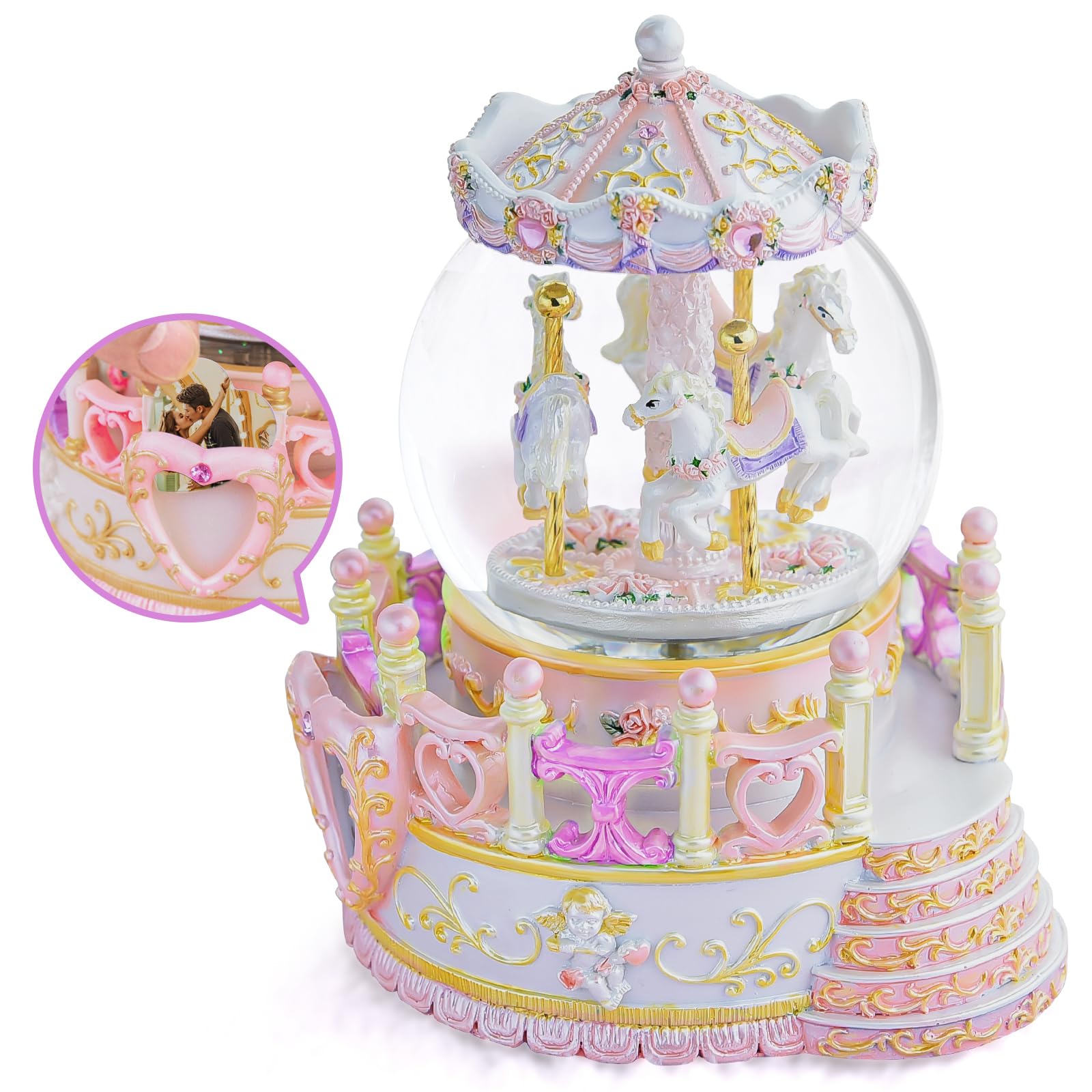 Photo 1 of Pink Carousel Music Box Gift, Carousel Horse Snow Globe for Girls Wife Daughter Women Girlfriend Birthday Anniversary Play You are My Sunshine