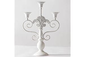 SOFE Pillar Candle Stand 3 Arm Candelabra Iron White Candle Holders Centerpiece, Rustic Classy Candlestick Holder 15 Inch Tall for Home Living Room, Wedding Party Decoration (Handmade Distressed)