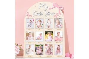 NAOZINEBI Pink Bow First Year Photo Board Coquette Bow Birthday Party Wooden Board Decorations 12 Monthly Milestone Picture Frame One Year Old Wood Sign 1st Birthday Photo Banner for Baby Girls Keepsake Gift