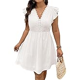 Eytino Plus Size Dresses for Women Summer Ruffle Cap Sleeve Lace V Neck Embroidery Eyelet A Line Dress(1X-5X)