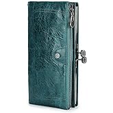 CONTACTS Full Grain Leather Kiss Lock Wallet for Women Vintage Kiss Clasp Wallet Coin Purse RFID Bifold Phone Wallet Card Holder (Peacock Blue)