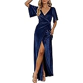 MEROKEETY Women's V Neck Wrap Velvet Maxi Wedding Guest Dress Bell Sleeve Split Bridesmaid Cocktail Party Formal Dresses