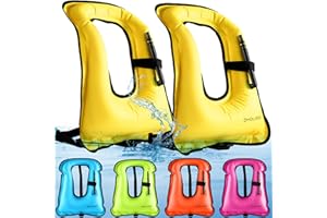 Meooeck 2 Pcs Snorkeling Vest for Adults Safety Inflatable Snorkel Vest for Swim Kayaking Swimming Diving Surfing, Load up to 220 Ibs(Classic,Yellow,S-M)