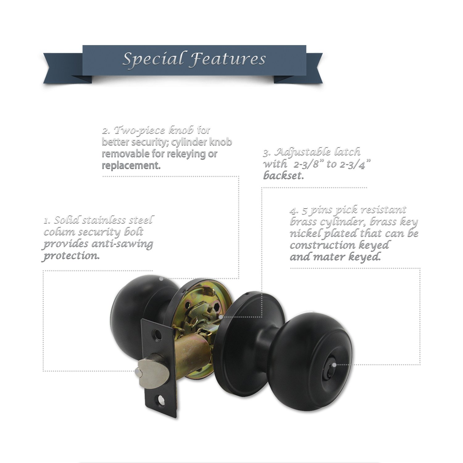 Interior Exterior Entry Door Knobs With Keys Privacy Door Lock Set For Child Bedroom Bathroom Kitchen Storeroom Doors Matte Black Finish