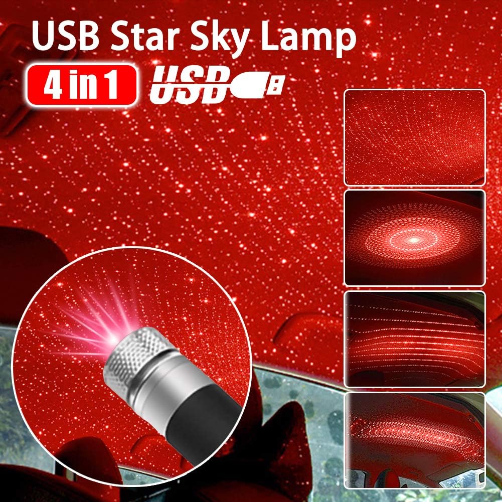 Ternence Flynn 4 In 1 USB Car Roof Star Sky LED Lamp, Adjustable 4-Models Lighting Design, Auto Interior Atmosphere Galaxy Night Light LED Projector Light Fit Car Ceiling Interior Party (Red)