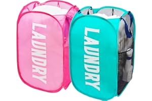 FIODRIMY Popup Laundry Hamper, 2 Pack Mesh Hampers for Laundry Collapsible Laundry Basket with Side Pocket Durable Carry Handles Great Laundry Hambers for Kids Room, College Dorm or Travel (Pink + Blue)