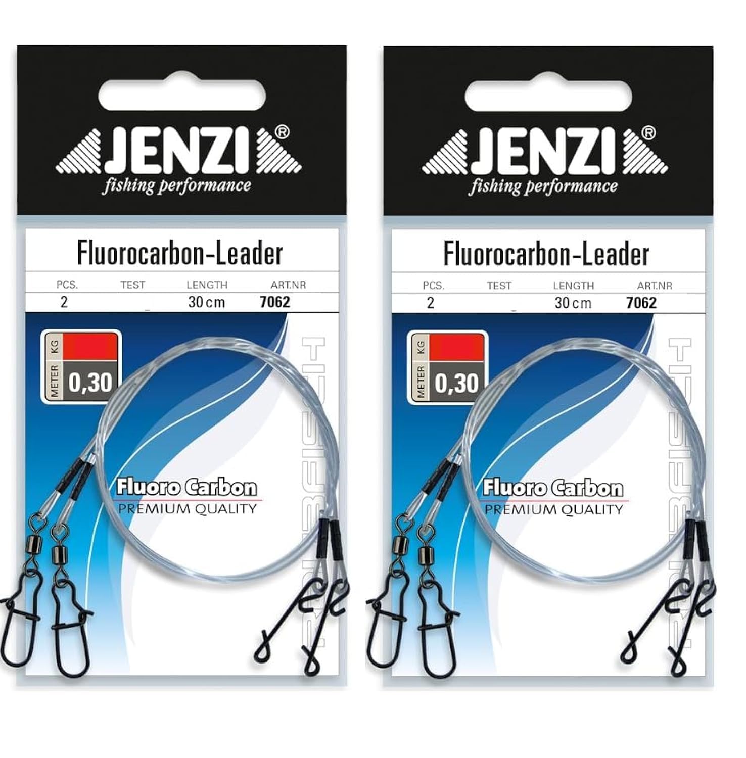 Set of 4 fluoro-carbon leaders with swivel and knotless connector by Jenzi, 9, 11, 17, 24 and 27 kg, length 30 cm + Petri Heil! sticker (11 kg)