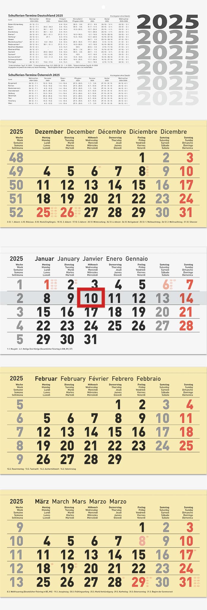 BRUNNEN 4 Month Calendar (2025), 1 Sheet = 1 Month, 320 × 165 mm, 12 Sheets