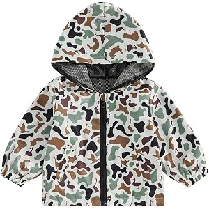 Baby Boy Rain Jacket Camo Zipper Hoodie Windbreaker Coat Fall Clothes | Lightweight/Comfortable Zip up Hoodie, Camouflage Rai