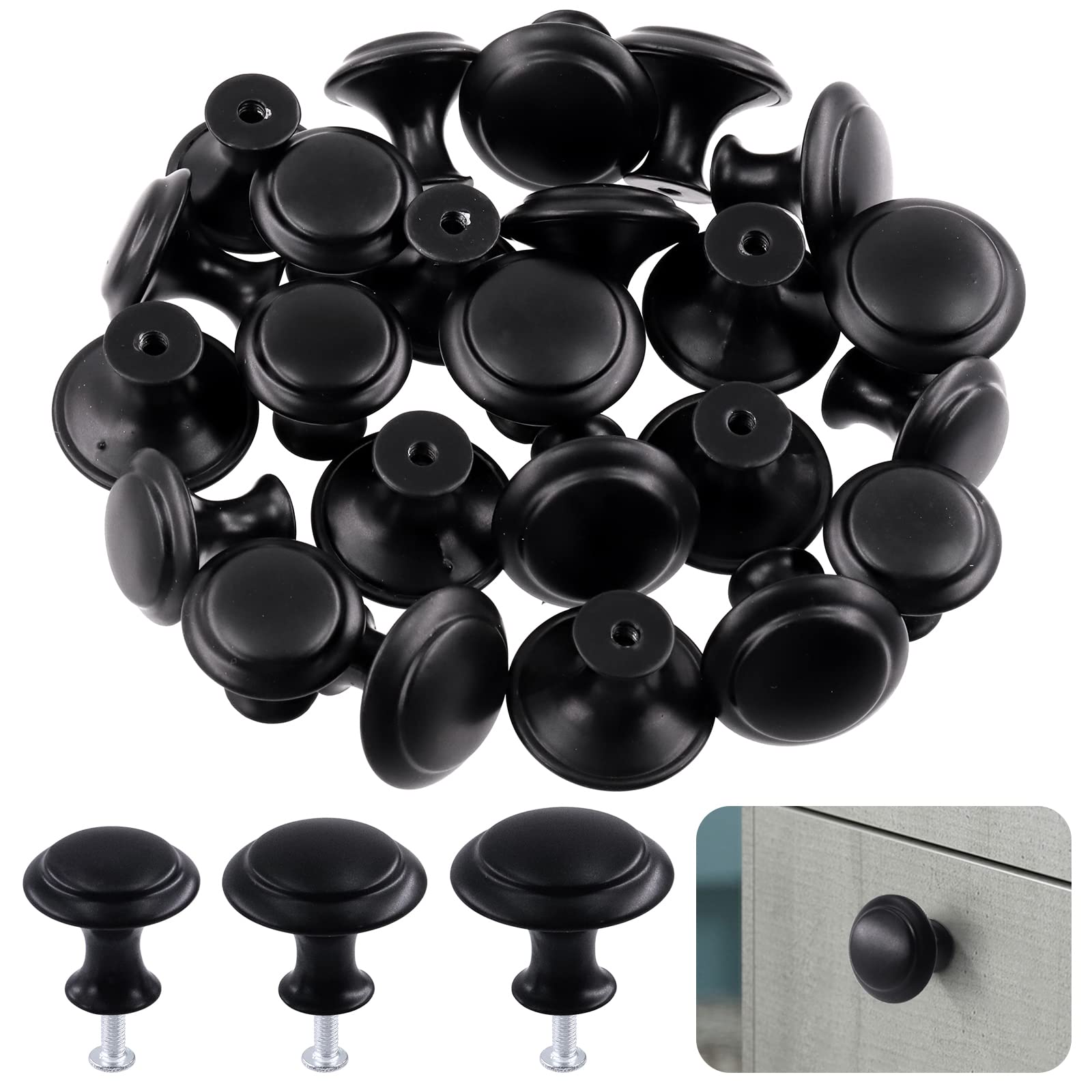 Wokape 30 Pack Matte Stainless Steel Black Round Kitchen Cabinet Knobs Kit, Including 0.9 Inch Drawer Knobs Dresser Knobs with Screws, Drawer Pulls Door Knobs Handles Knobs for Dresser Drawers