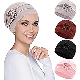 XEPST 4 Pieces Chemo Headwear Turbans Cap Beanie Hat Head Wraps Hair Coverings for Women Sleep Cap Chemo Cancer Hat with Flower Design (4 Colors)