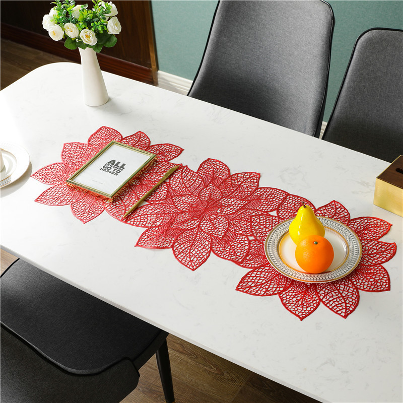 Hosoncovy PVC Hollow Table Runner Non-slip Flower Decorative Lotus Table Mats Placemat for Home Party Kitchen Dining Wedding Decor (Red)