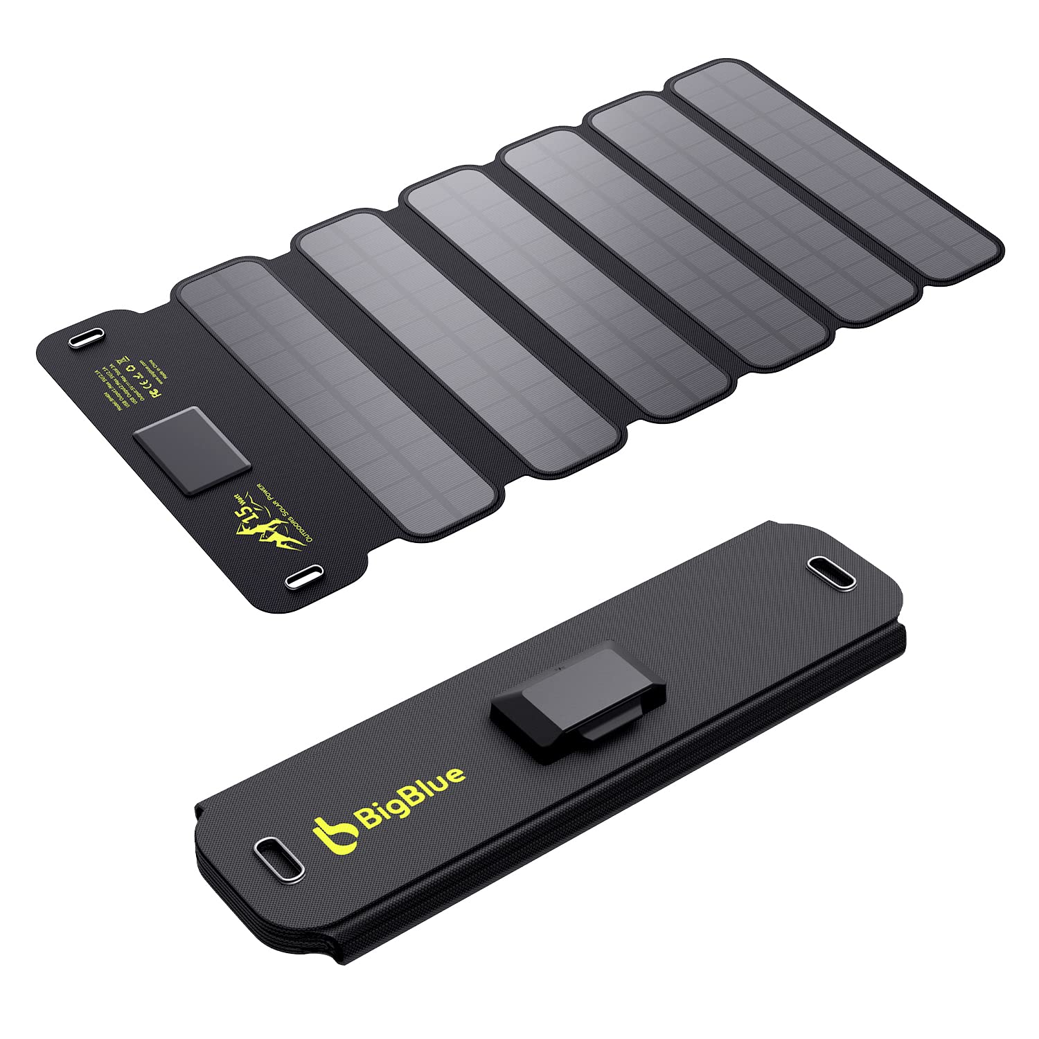 BigBlue Portable Solar Charger, 15W Solar Phone Charger with Dual USB (5V/3A Max Total), Folding Camping Solar Panels with Type-C Cable, Compatible with iPhone, iPad, Samsung Galaxy LG etc.