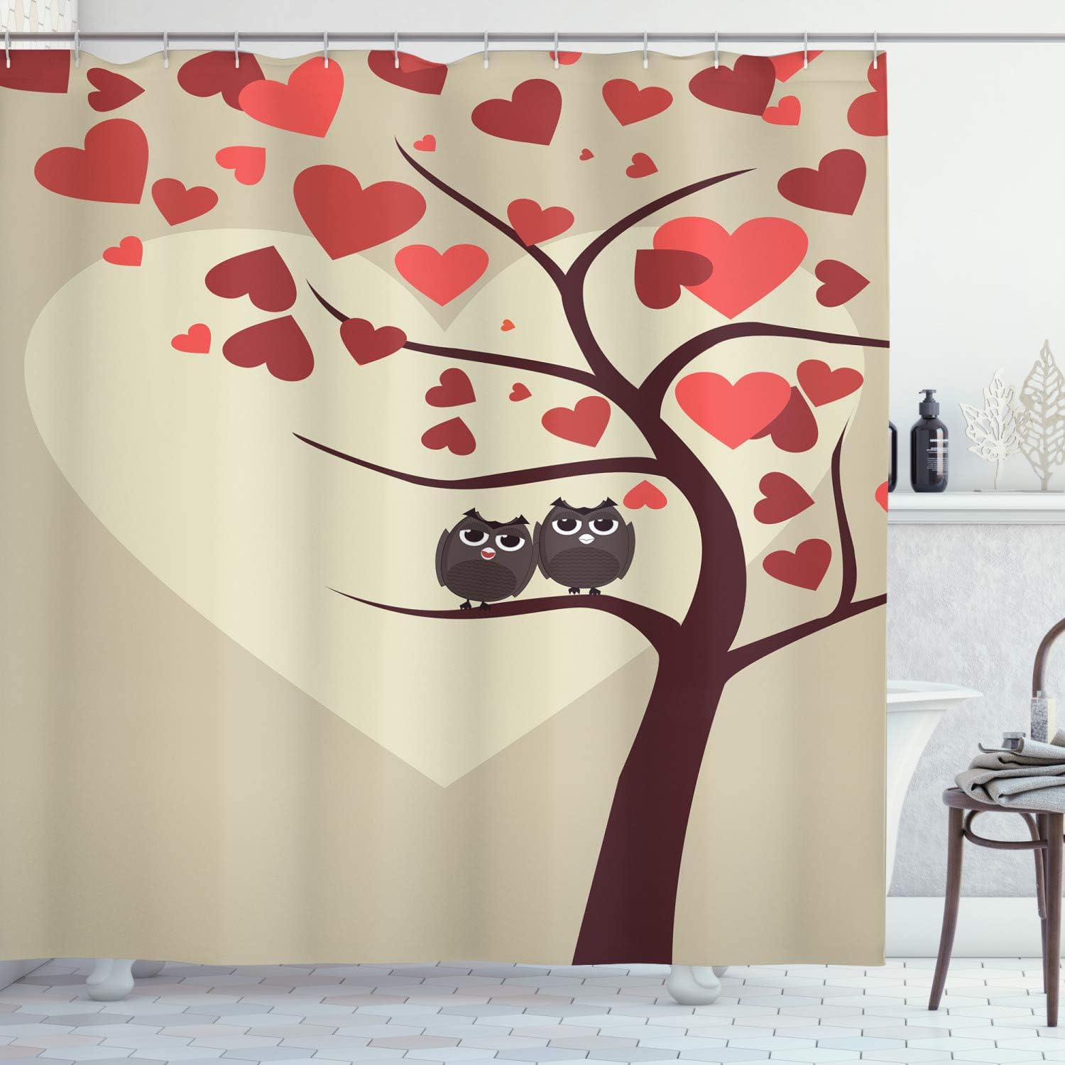 Ambesonne Owls Home Decor Collection, Owl Couples Sitting on Branch of Valentine Tree Valentine's Day Anniversary Image, Polyester Fabric Bathroom Shower Curtain, 84" Long Extra, Red Burgundy